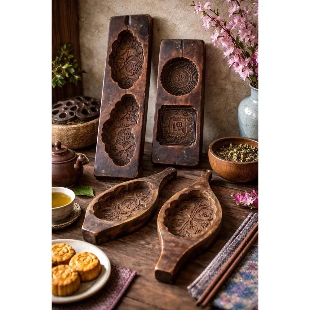 VTG/antique Chinese/Japanese Hand Carved Wooden Mooncake Rice‎ Cake Molds Set 4